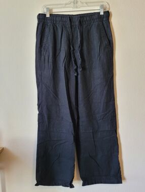 Old Navy Black Linen Pants Flowy Straight Leg Elastic Waist High Rise Wide Leg